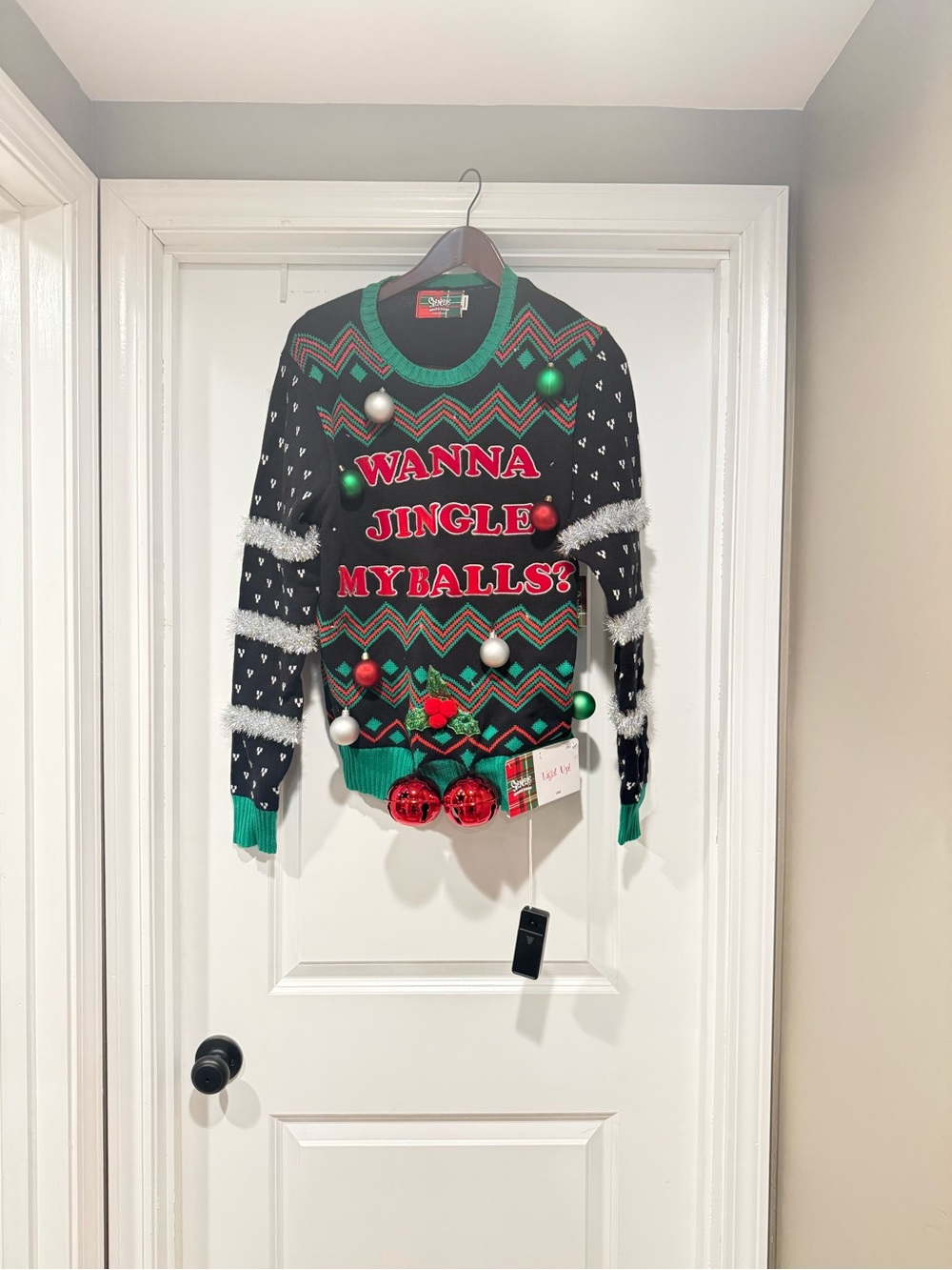 Spencer's Black & Green 'Wanna Jingle My Balls?' Novelty Holiday Sweater